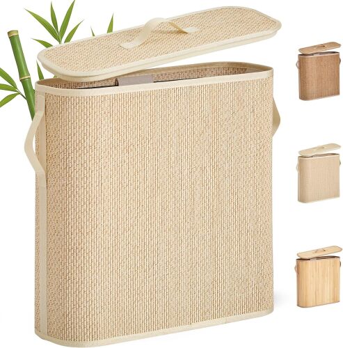 Bamboo Toilet Paper Storage Basket with Lid & Handle - 32L Large Capacity Handwoven Bathroom Organizer for 16 Rolls - Sturdy Stand Holder for Toilet Paper Organization