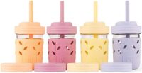 Kids + Toddler Glass Cups | The Original 8oz Glass Mason Jar with Sleeves + Lids | Silicone Straws + Stopper | Smoothie Cup | Food Storage | Spill Resistant | Dishwasher Safe | 4 Pack