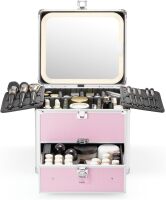 Makeup Box with Drawer and A Detachable Lighted Mirror, Waterproof Travel Train Case, Cosmetic Organizer and Makeup Suitcase with Adjustable Dividers, Magnetic LED Mirror