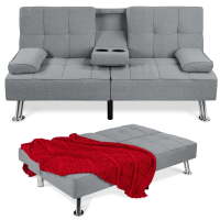 Modern Linen Convertible Futon Sofa Bed w/ Removable Armrests, Metal Legs, Cupholders
