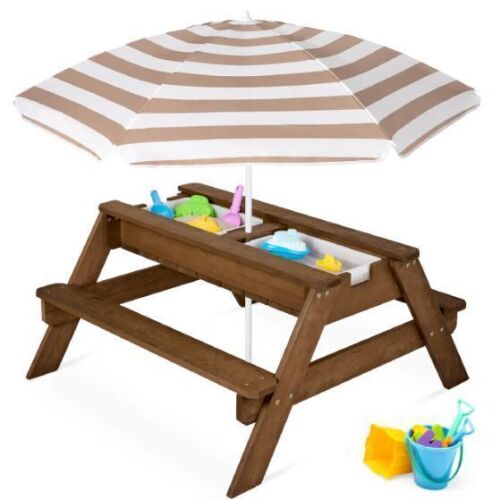 3-in-1 Kids Sand & Water Table Outdoor Wood Picnic Table w/ Umbrella
