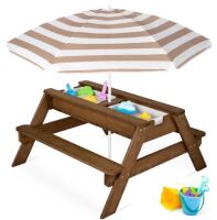 3-in-1 Kids Sand & Water Table Outdoor Wood Picnic Table w/ Umbrella