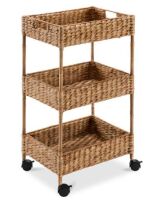 3-Tier Water Hyacinth Rolling Utility Cart w/ Weaved Baskets Natural