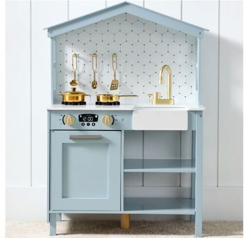 Pretend Play Wooden Farmhouse Kitchen Set w/ Storage, 5 Accessories