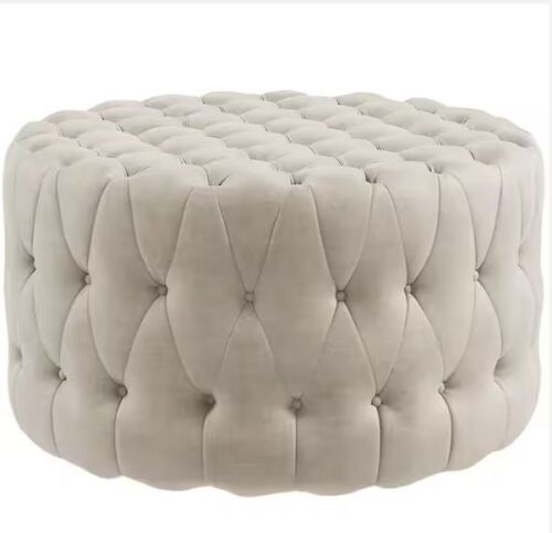 Beige Round Velvet-Feel Upholstered Foot Stool Ottoman with Button Tufted Design