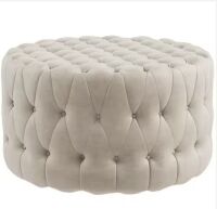 Beige Round Velvet-Feel Upholstered Foot Stool Ottoman with Button Tufted Design