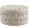 Beige Round Velvet-Feel Upholstered Foot Stool Ottoman with Button Tufted Design