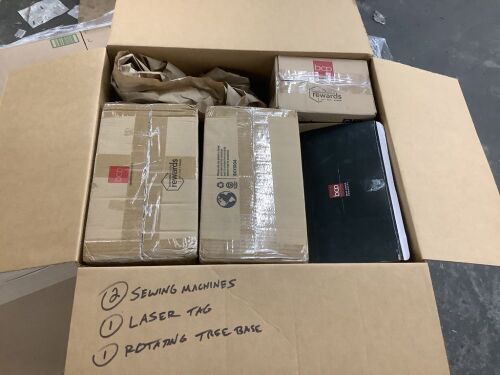 Lot of (2) 6V Sewing Machines, (1) Laser Tag Set & (1) Rotating Tree Stand - Uninspected