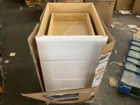 Hampton Bay Shaker 18 in. W x 24 in. D x 34.5 in. H Assembled 3 Drawer Base Kitchen Cabinet in Satin White - Drawer Face Needs Reattached, Small Crack & Piece Broken off Drawer Bottom