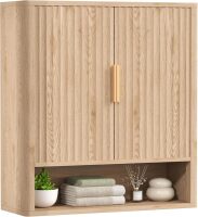 Natural Bathroom Wall Cabinet with 2 Fluted Doors, Modern Medicine Cabinet with Adjustable Shelf, Curved Profile Wall Mounted Bathroom Cabinet for Kitchen, Living Room, Oak
