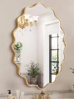 24 in. W x 36 in. H Oval Gold Aluminum Alloy Framed Scalloped Wavy Wall Mirror