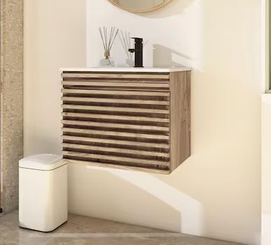 eclife 24 in. W x 18.3 in. D x 19.7 in. H Floating 1-Sink Bath Vanity in Oak with White Ceramic Top and Drain Faucet Set