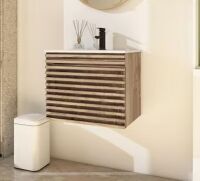 eclife 24 in. W x 18.3 in. D x 19.7 in. H Floating 1-Sink Bath Vanity in Oak with White Ceramic Top and Drain Faucet Set