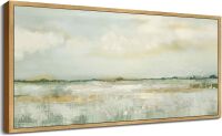 KUVIOKE Abstract Landscape Framed Canvas Wall Art Tan Green Pastel Wall Decor Modern Illustration Art Painting for Living Room Bedoom Ready to Hang