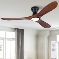 52 Inch Wood Flush Mount Ceiling Fans with Lights and Remote, Dimmable 3 Blade Wood Bedroom Ceiling Fan with Lights Low Profile Ceiling Fans with Light Outdoor Ceiling Fan for Patios Bedroom