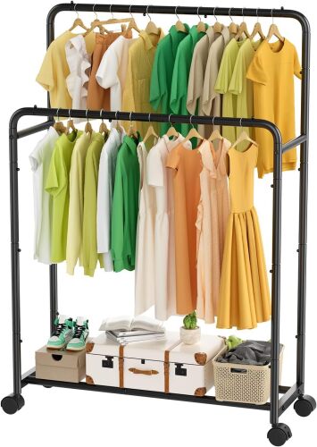 Simple Trending Clothing Clothes Rack Double Rods with Wheels, Rolling Metal Garment Rack for Hanging, Black