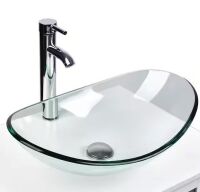 Puluomis Glass Oval Vessel Sink in Clear with Faucet Pop Up Drain Set