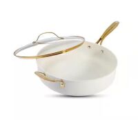 Gotham Steel Natural Collection 5.5 qt. Aluminum Ultra Performance Ceramic Nonstick Deep Saute Pan in Cream with Lid and Gold Handle