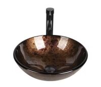 Puluomis 16.5 in . Vessel Bathroom Sink in Brown Glass Round with Faucet Pop Up Drain Set With Hand-Painted Pattern