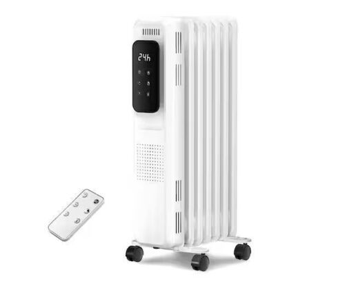 R.W.FLAME 1500W Portable Electric Oil Heater with LCD Display and Anti-Tip Protection in White