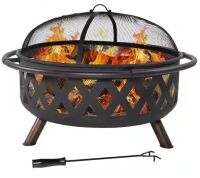 Sunnydaze Black Cross Weave 36 in. x 24 in. Round Steel Wood Burning Fire Pit with Spark Screen