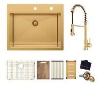 Glacier Bay 33 in. Drop In Single Bowl 18-Gauge Gold Stainless Steel Workstation Kitchen Sink with Spring Neck Faucet
