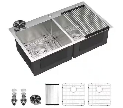 Dcolora 33 Inch 50/50 Double Bowl with Glass Rinser Topmount Kitchen Sink Drop In, 16 Gauge Brushed Stainless Steel Finish