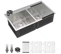 Dcolora 33 Inch 50/50 Double Bowl with Glass Rinser Topmount Kitchen Sink Drop In, 16 Gauge Brushed Stainless Steel Finish