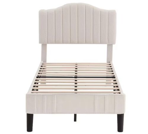 VECELO Upholstered Bed Frame with Sheepskin Fabric Adjustable Headboard Twin Size Platform Bed, Beige