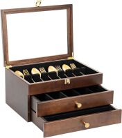 3-Layer Wooden Silverware Storage Box with Glass Lid, 14.5&times;10.6 Inches
