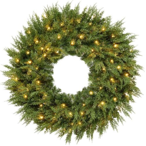 30" Pre-Lit Cedar Cypress Christmas Realistic Wreath w/ Twinkling LEDs