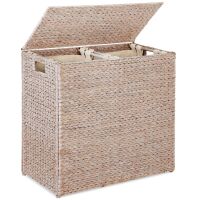 Large Water Hyacinth Double Laundry Hamper Basket w/ 2 Liner Bags