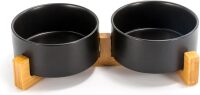 Ceramic Dog and Cat Bowl Set with Wooden Stand, Modern Cute Weighted Food Water Set for Small Size Dogs (13.5OZ) & Medium Sized Dogs (28.7OZ) & Cats