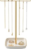 Jewelry Holder Stand with Ceramic Base: 12" Tall Necklace Organizer Rack, Tree Design Display Storage for Necklaces, Bracelets, Rings, Earrings, Aesthetic Room D&eacute;cor for Girls and Women, Gold