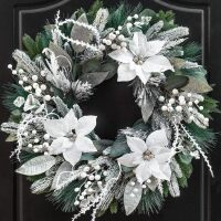 Winter Wreaths for Front Door 24 Inch Outdoor Christmas Wreath Artificial Winter Door Wreath with White Christmas Flowers,Snowy Eucalyptus and White Berry for Farmhouse Home Wall Door Decor
