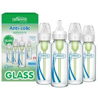 Dr. Brown's Anti-Colic Options+ Narrow Glass Baby Bottle with Level 1 Slow Flow Nipple, BPA-Free, 8 oz/250 mL, 0m+, 4-Pack