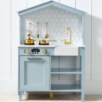 Pretend Play Wooden Farmhouse Kitchen Set w/ Storage, Clicking Knobs, 5 Accessories