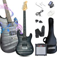 39" Full Size ST Style Electric Guitar Starter Kit with HH Pickup, 20W Portable Amp, Tuner, Gig Bag, Strap & Accessories (Black Flame)