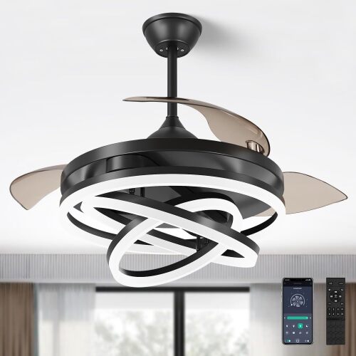 42 Inch Retractable Ceiling Fan, Chandelier Ceiling Fans with Lights, Silent DC Motor, 6 Speeds, 3 Color Changing for Bedroom Living Room