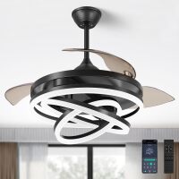 42 Inch Retractable Ceiling Fan, Chandelier Ceiling Fans with Lights, Silent DC Motor, 6 Speeds, 3 Color Changing for Bedroom Living Room