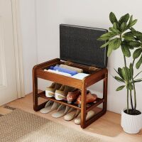 Shoe Bench with Cushion, 2-Tier Wood Shoe Rack with Flip-Top Storage, Entryway Hallway Bench for Shoes and Seating
