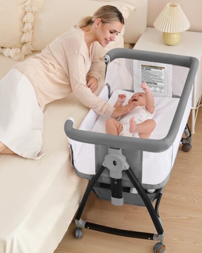 3 in 1 Baby Bassinet, Bedside Crib with Breathable Mesh, Bassinet Bedside Sleeper with Wheels, Mosquito Net, Storage Basket, 6 Height Adjustable, Easy to Assemble | Multi-functional