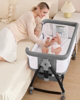3 in 1 Baby Bassinet, Bedside Crib with Breathable Mesh, Bassinet Bedside Sleeper with Wheels, Mosquito Net, Storage Basket, 6 Height Adjustable, Easy to Assemble | Multi-functional
