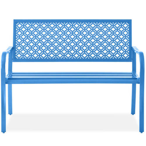 Indoor Outdoor Steel Bench w/ Geometric Backrest, Foot Levelers