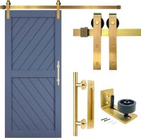 Brushed Brass Gold Barn Door Hardware Kit &ndash; 72" (6 Ft) Track System for Single Door &ndash; Heavy Duty Rail with Rollers, 12" Handle & Floor Guide (Door Not Included)