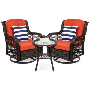 3-Piece Patio Wicker Bistro Furniture Set w/ 2 Swivel Rocking Chairs, Table 