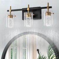 3-Light Black and Gold Vanity Light with 3 Color Modes (3000K/4000K/6000K), Eye Protection LED Bathroom Light Fixture, Dimmable Modern Wall Light Over Mirror with Clear Glass Shade