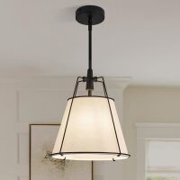 ZVXREZLD Modern Pendant Light Fixtures with 13" Off-White Linen Fabric Shade, Adjustable Hanging Light Fixture,Drum Black Vintage Chandelier for Kitchen Island Bedroom Dining Room Foyer Entryway