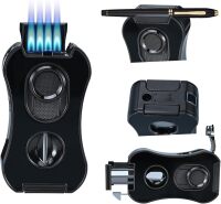 Large Lighter,Refillable Butane Torch Lighter with Built-in Holder and 4 Jet Flame - All-in-1 Tool lighters for Men（Without Butane）