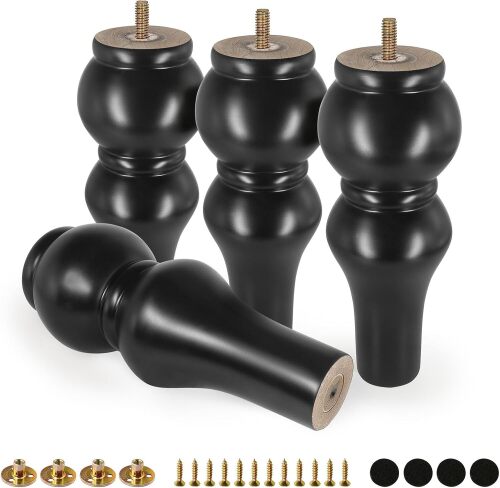 Rubber Wood Furniture Legs 8 Inch, Mid-Century Modern Couch Feet Heavy Duty Sofa Legs Set of 4, Vintage Dresser Feet Round Ottoman Leg Replacement Leg for DIY Furniture Projects - Black